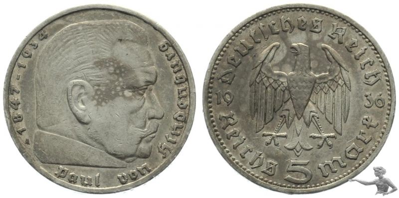 3. Reich 5 Mark 1936 A - Silber